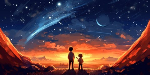 Night scene of two brothers outdoors, llittle boy looking through a telescope at stars in the sky, digital art style, illustration painting