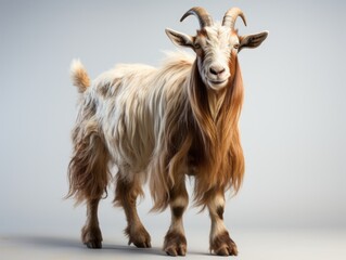 Young white goat standing on gray background. Studio shot. Full length.