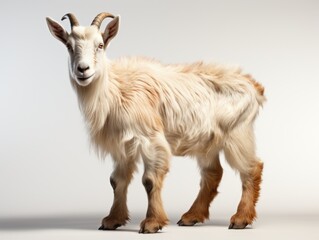 Young white goat standing on gray background. Studio shot. Full length.