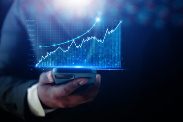 Businessmen use smartphones modern online technologies display charts stock market graphs and rising arrows for investments, analyze profits and dividends high in the year of the enterprise. ,Financia - obrazy, fototapety, plakaty
