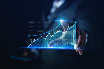 Businessmen use smartphones modern online technologies display charts stock market graphs and...