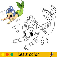 Kids coloring little mermaid with a fish vector illustration