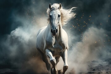 White Arabian horse galloping in dust and smoke on dark background, side view
