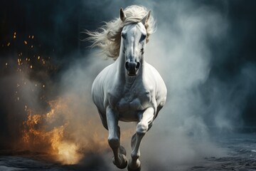 White Arabian horse galloping in dust and smoke on dark background, side view