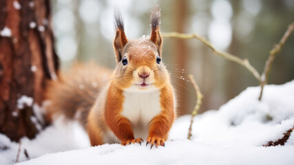 Obraz premium Red squirrel in winter forest looking at camera. Blurred forest trees in the background.