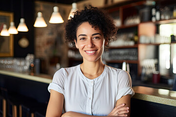 Portrait of a happy and smiling black female waiter, or small business owner in the coffee shop.