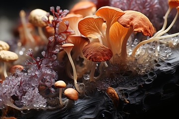 Naklejka na ściany i meble Mushrooms growing in the forest, close-up, macro