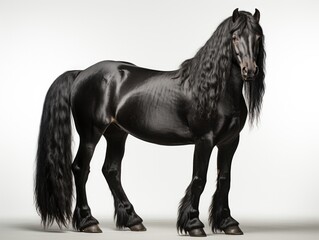 Black friesian stallion with black mane and long mane on white background
