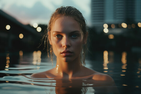 Portrait of a woman in water, swimming in a lake in the city