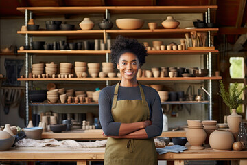 Portrait of a successful and satisfied black woman owner of a pottery workshop