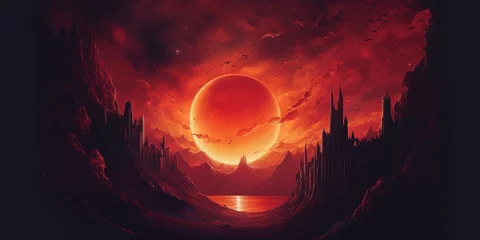 Gordijnen Scenery of castle of thorn with solar eclipse in dark red sky, digital art style, illustration painting © Coosh448
