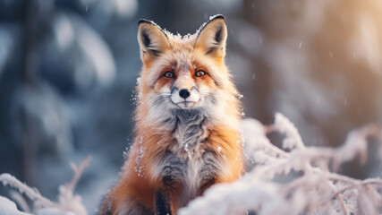 Red fox in snowy winter landscape against blurred forest background.