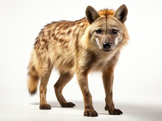 Close-up portrait of hyena looking at camera. Isolated on gray background.