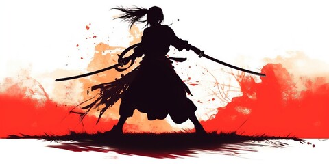 Silhouette of a samurai girl who attacks in a jump with a katana in her hands. - obrazy, fototapety, plakaty