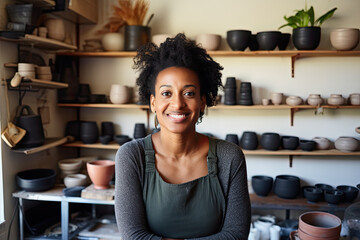 Portrait of a successful and satisfied black woman owner of a pottery workshop