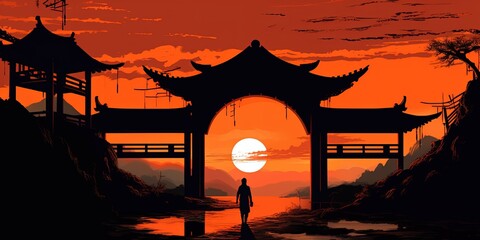 Sunset with the silhouette of the Chinese arch