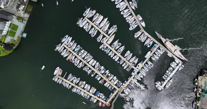 Top view of yachts and ships in the picturesque town of Kinsale 4k