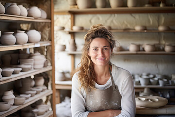 Portrait of a successful and satisfied woman owner of a pottery workshop