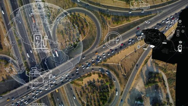 Intelligent Vehicles Cars Communicating Ai Logistic Autonomous Delivery Vehicles IoT GPS Tracking Satellite 5G Smart Roads Traffic Road Junction Interchange Motorway Triangulation Of Traffic Data