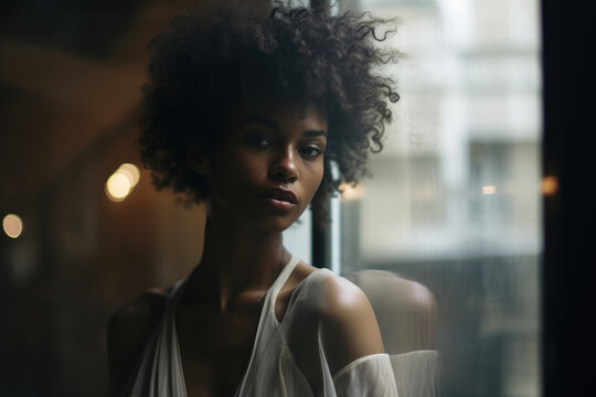 Portrait of an black woman reflected in a window