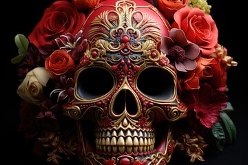 Red skull with a wreath of roses. Mexican Day of the Dead. Generative AI