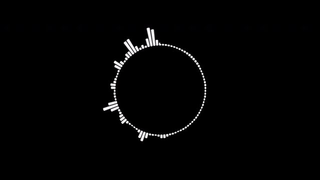 A graphic circular loop of rhythmic white audio frequency sound waves on a black background