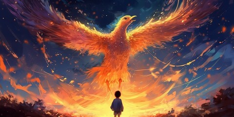 The child looking at the phoenix bird flying above him, digital art style, illustration painting