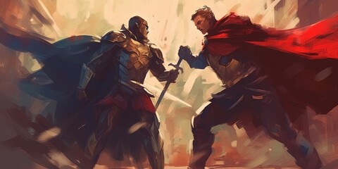The fight scene between the hero and the villain, digital art style, illustration painting