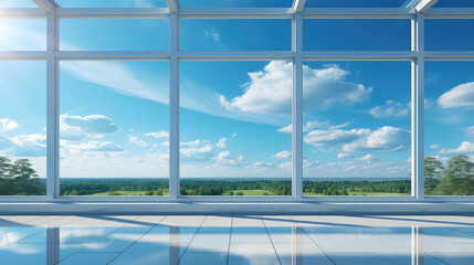 New clear white open PCV windows with sunny blue sky and clouds behind it. Minimal backdrop. 