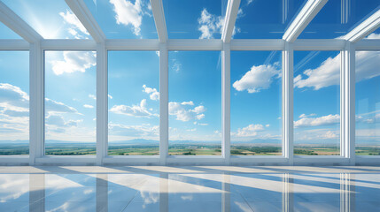 New clear white open PCV windows with sunny blue sky and clouds behind it. Minimal backdrop. 