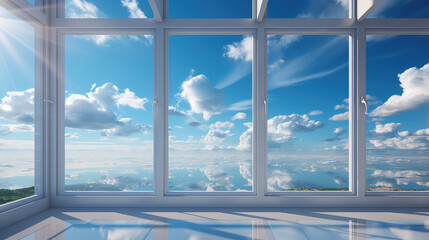 New clear white open PCV windows with sunny blue sky and clouds behind it. Minimal backdrop. 