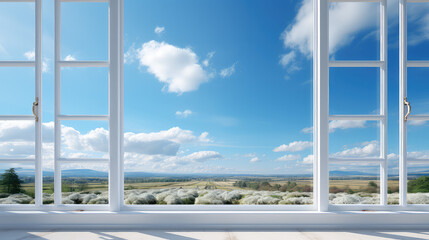 New clear white open PCV windows with sunny blue sky and clouds behind it. Minimal backdrop. 