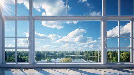 New clear white open PCV windows with sunny blue sky and clouds behind it. Minimal backdrop. 