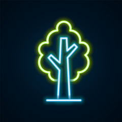 Glowing neon line Tree icon isolated on black background. Forest symbol. Colorful outline concept. Vector