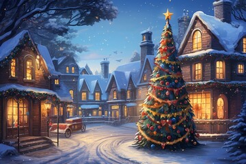 Christmas tree postcard in the courtyard of a snow-covered house in winter. Merry christmas and happy new year concept