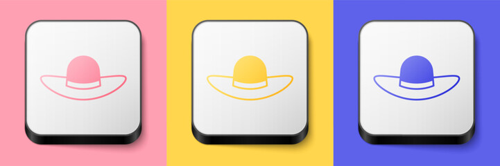 Isometric Elegant women hat icon isolated on pink, yellow and blue background. Square button. Vector