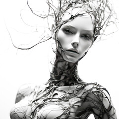 female cyborg with beautiful mask face as 3D AI graphic, future style and alien, black and white photo. Futuristic robot head. Created with Generative AI