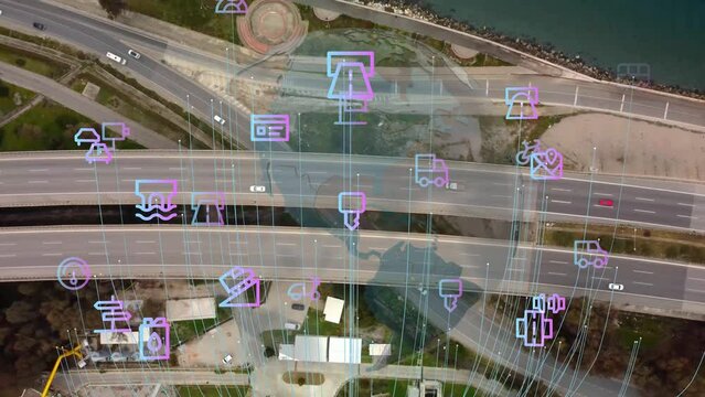 Intelligent Vehicles Cars Communicating Ai Logistic Autonomous Delivery Vehicles IoT GPS Tracking Satellite 5G Smart Roads Traffic Road Junction Interchange Motorway Triangulation Of Traffic Data