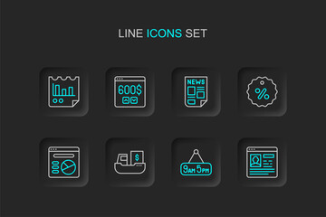 Set line Resume, From 9 to 5 job, Cargo ship with boxes delivery, Pie chart infographic, Discount percent tag, News, Monitor dollar and Document icon. Vector
