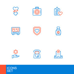 Set line Hospital building, Emergency call 911, Cross hospital medical, Bottle of medicine syrup, Monitor with cardiogram, Immune system, Patient record and First aid kit icon. Vector