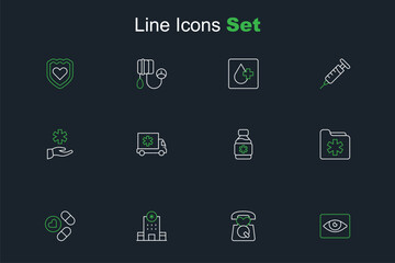 Set line Red eye effect, Emergency call 911, Hospital building, Medicine pill or tablet, Medical health record folder, Bottle of medicine syrup, Ambulance car and Cross hospital medical icon. Vector