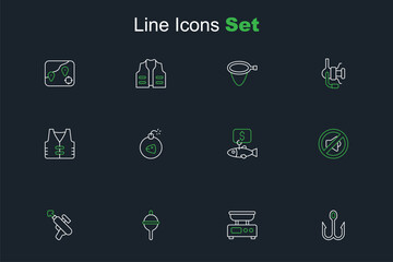 Set line Fishing hook, Electronic scales, float, harpoon, Speaker mute, Price tag for fish, Bomb and jacket icon. Vector