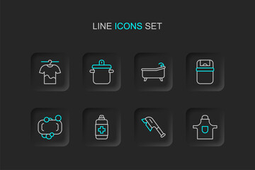 Set line Kitchen apron, Brush for cleaning, Antibacterial soap, Bar of, Trash can, Bathtub, Cooking pot and Drying clothes icon. Vector