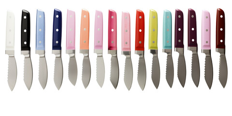 An alignment of multi-color knives isolated on a transparent background