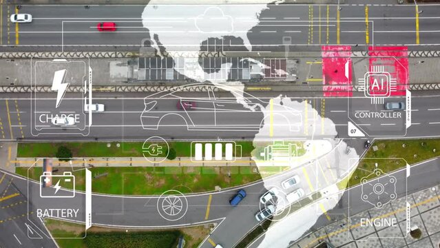 Intelligent Vehicles Cars Communicating Ai Logistic Autonomous Delivery Vehicles IoT GPS Tracking Satellite 5G Smart Roads Traffic Road Junction Interchange Motorway Triangulation Of Traffic Data