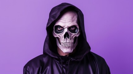 Man dressed in scary Halloween costume. Studio portrait of Mr Death with skeleton skull makeup on face wearing black cape with hood looking at camera while standing isolated on light purple background - obrazy, fototapety, plakaty