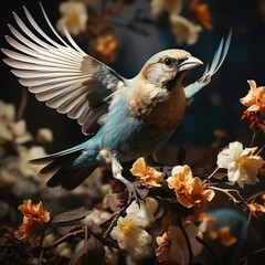 Obraz premium A redpoll sits on a branch of a blossoming tree.