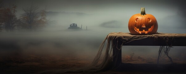 Eerie Halloween night backdrop. Amidst the smoke-filled field, pumpkins with burning eyes emerge at night.. ai generation