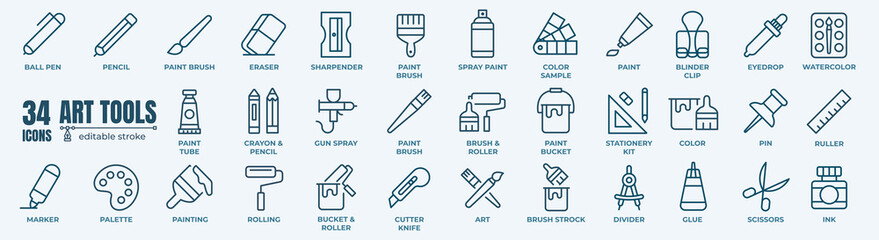 Art tools, creativity and graphic design related editable stroke outline icons set isolated on...