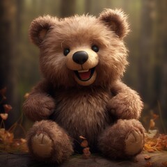 Teddy bear sitting in autumn forest with fallen leaves, 3d illustration